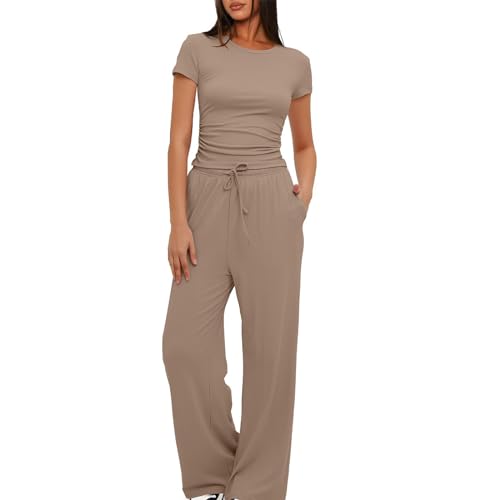 Women 2 Piece Set Outfit Summer Casual Tracksuit Short Sleeve Crop Tops and Drawstring High Elastic Waisted Wide Leg Pants Tracksuit Yoga Joggers Suit Lounge Wear Full Sets