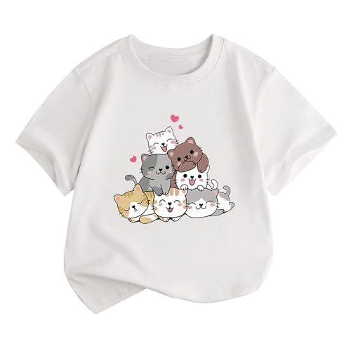 Image of KEEVICI Cute Cartoon Cat Shirts for Girls Kids Graphic Tees Kawaii Animal Pattern T Shirt Cotton Crewneck Summer Loose Tops