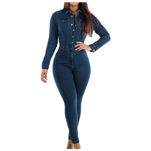 Peto vaquero elástico de mujer con diseño slim fit moldeador y mangas largas con botones