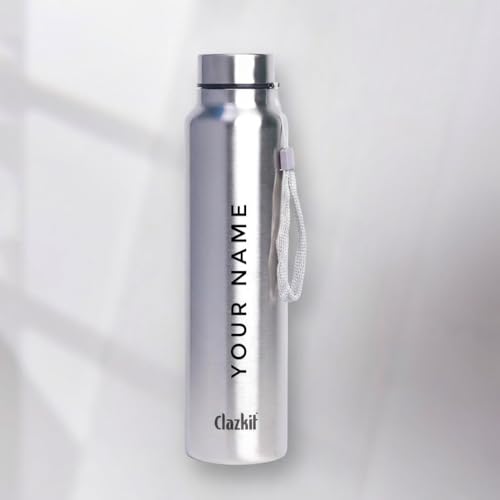 Image of Clazkit Stainless Steel Water Bottle, 1000 ml Silver- Single-Walled, Spill-Proof Fridge, Office, School, Travel, Gym, Car Food Grade Steel with Logo Print
