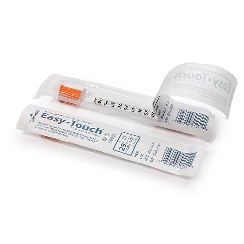 Image of Easy Touch Individually Wrapped 29 Gauge U-100 Insulin Syringes (29G 1cc 1 /2 inch) with 1 /2 inch Long Needle, 1cc (100 Unit Capacity), Bold Markings for Accurate Dosing, Disposable, Box of 100