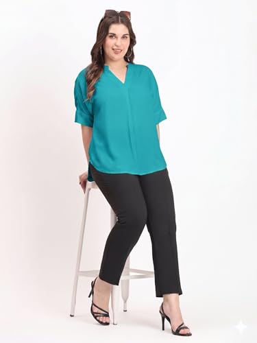 Image of SINDOORI Relaxed Fit Tops for Women Plus Size Solid Printed Mandarin Collar, Band Collar, V-Neck Top, Half Sleeve Loose Fit