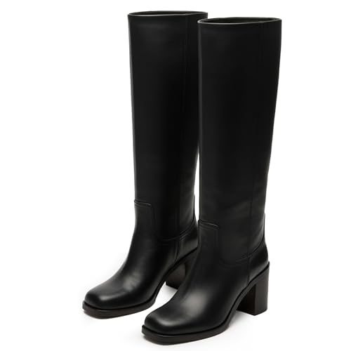 heelchic Black Knee High Boots for Women, Square Toe Chunky Block Heeled Long Boots, Tall Boots 8.5