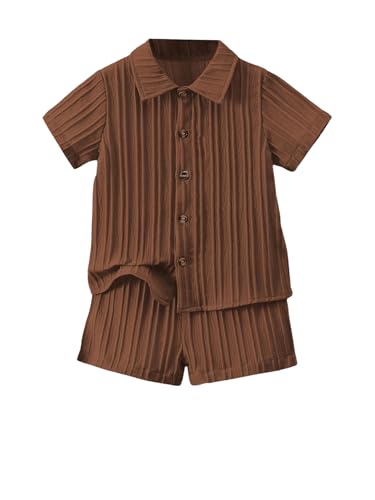 SweatyRocks Boy's 2 Piece Summer Vacation Outfits Short Sleeve Collar Button Down Shirt and Shorts Clothing Set Brown 5T