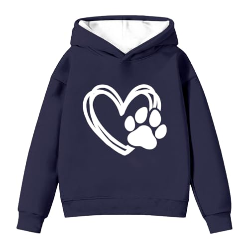 Image of Girls Long Sleeve Hooded Sweatshirt with Cute Puppy and Heart Print, Soft Cotton Blend Pullover for Kids Ages 3-8 Years, Casual Everyday Wear (Navy, 11-12 Years)
