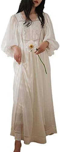Pansleejoy Cotton Linen Nightgowns for Women Vintage Victorian Sleepwear Princess Lounge Dress White L