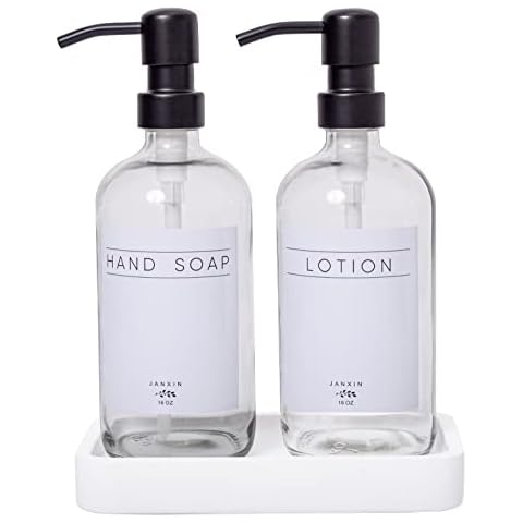 Janxin Clear Glass Soap Dispenser with Stainless Steel Pump and Wood Tray,Hand Soap Dispenser, Kitchen Soap Dispenser Bathroom Soap Dispenser Set…(White Wood Tray+Black Pump) Cover