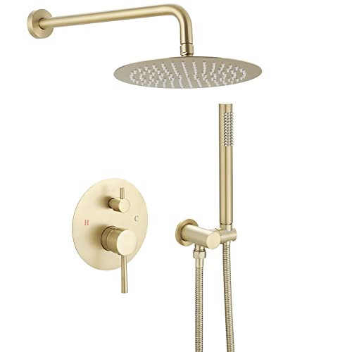BWE Brushed Gold Bathroom Luxury Rain Mixer Shower Combo Set Wall Mounted Shower Kit Rainfall Shower Head System Shower Faucet Rough-in Valve Body and Trim Included