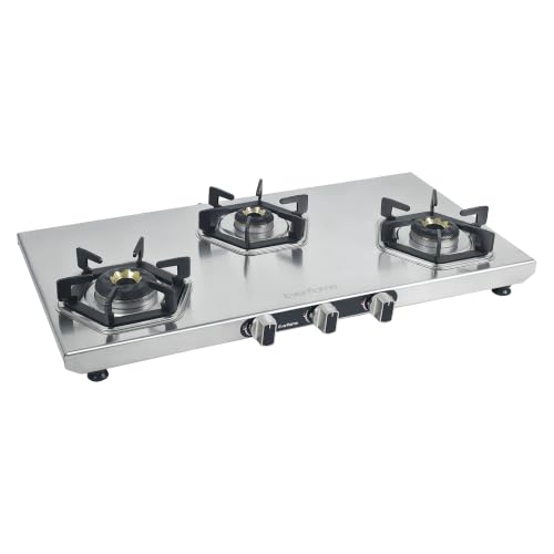 Image of Everflame Hexon 3 Burner Stainless Steel Gas Stove | 2mm Thick Jointless SS Body | 3D Forged Brass-Burner | ISI Certified | Manual Ignition | 2 Years Manufacturer Warranty