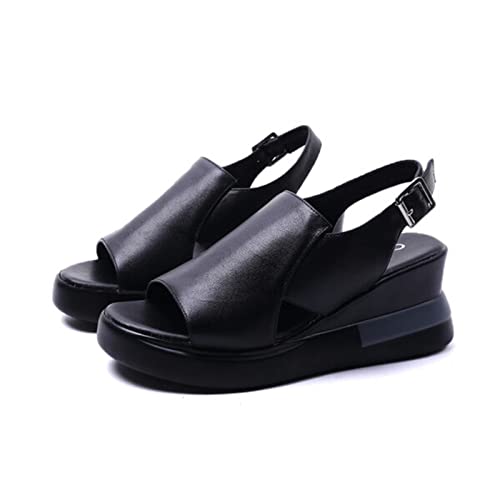 FZHGHJT Sandalias ortopédicas de verano para mujer, sandalias de tacón alto con plataforma y boca de pez, sandalias de cuña de cuero suave (negro, 38)