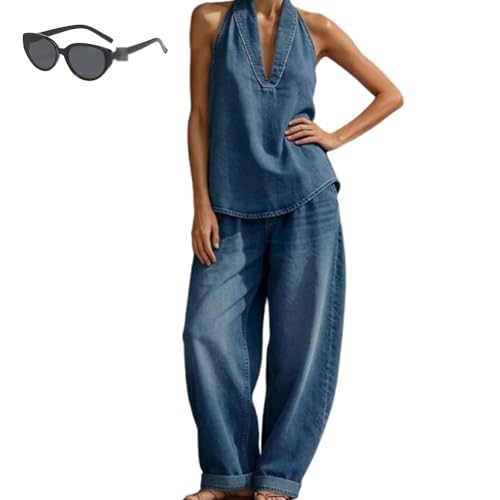 Ensemble en denim femme avec haut halter dos nu et pantalon jean coupe barrel large