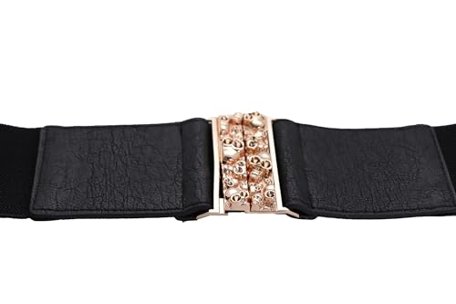 Women’s Black Wide Elastic Waist Hip Belt – Gold Metal Skull Buckle Fashion Cinch Belt S M3