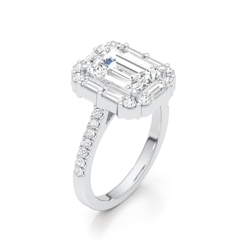 14K White/Yellow Gold Moissanite 3.15 TCW (2.5ct Center, VVS1 Clarity, D-E Color Emerald Shape) Engagement Ring With Baguette & Round Shaped Side Stones Promise Rings Gift For Her Rings For Women3
