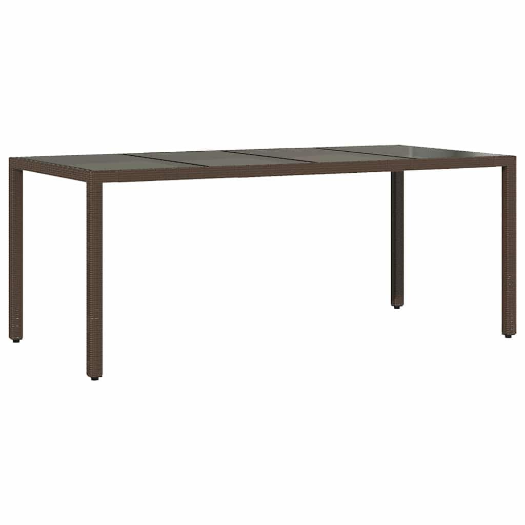 Stół ogrodowy ze szklanym blatem, brązowy, 190 x 90 x 75 cm, z polirattanu i stali malowanej proszkowo, odporny na warunki atmosferyczne, na taras, balkon, do ogrodu, stabilny stół składany