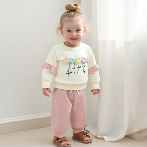 Madjtlqy Toddler Baby Girl Fall Winter Outfit Clothes Flowers Crochet Embroidery Long Sleeve Sweatshirt Tops and Pants Set2