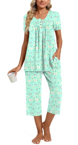 Image of Womens Summer Pajama Sets 2 Piece Short Sleeve Top and Capri Pants Plus Size Ladies Lounge Pjs Sets with Pockets