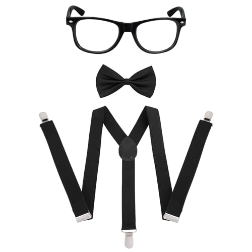 JTYKUYR Neon Suspenders Bow Tie Sunglasses Accessory Set for Kids Adults 80s Dress Up Costumes Clip on Suspenders Nerd Outfit