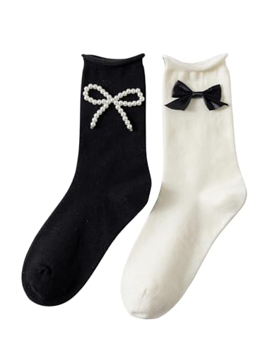 Verdusa Women's 2 Pairs Bow Ankle Socks Casual Crew Socks