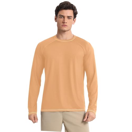 Sandy Brown Orange Men's Rash Guard Shirts Slim fit Elasticity Sun Protection Long Sleeve Hiking