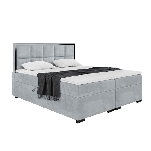 MEBLINI Boxspringbett mit Bettkasten - Gepolstert Doppelbett mit Matratze und Topper - Polsterbett mit Stauraum - Bett mit Kopfteil - Stauraumbett - Dani Black - 200x220 - H4/Hellgrau Samt