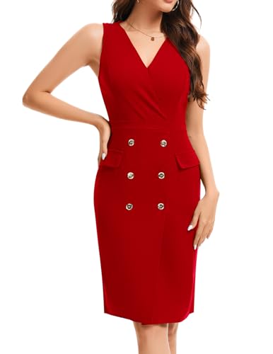 Bbonlinedress Women Cocktail Vintage Work Bodycon Dress Summer V-Neck Sleeveless Sheath Pencil Business Office Formal Dress