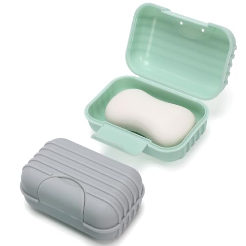 Alyvisun 2 Pcs Travel Soap Case with Lid, Portable Soap Dish, Soap Box with Raised Bottom, Waterproof Leakproof Soap Container Holder for Shower Travel Outdoor(Green & Grey)