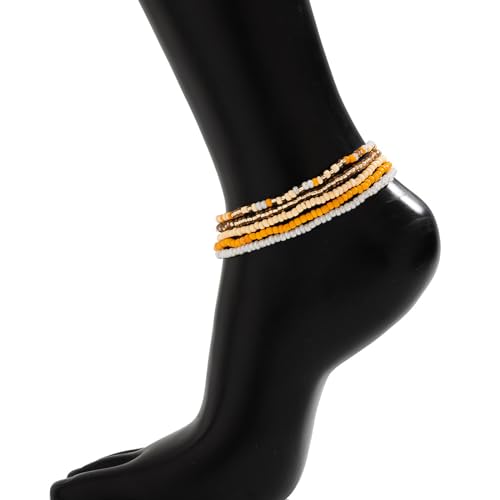 Image of 5Pcs Summer Beach Bead Anklet Bracelet,Multi-layered Pearl Anklets,Bikini Foot Chain Bracelet Wedding Bridal Adjustable Leg Bracelet Jewelry for Women Girls