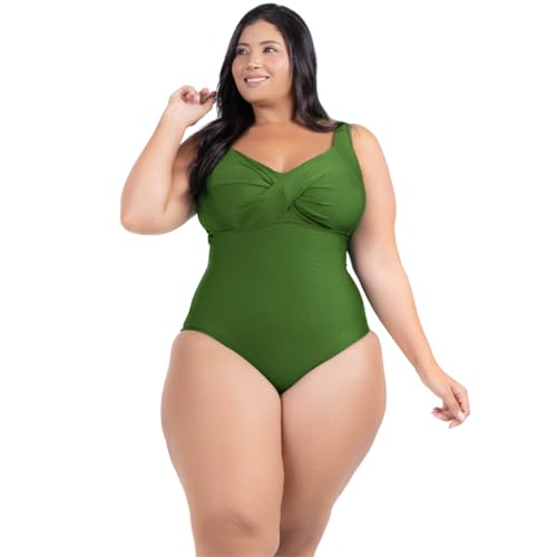 Maiô Plus Size Com Bojo Alta Sustentação Disfarça Barriga Moda Praia Tecido Resistente Forrado Proteção Solar UV50+ (BR, Numérico, 50, Plus Size, Musgo)