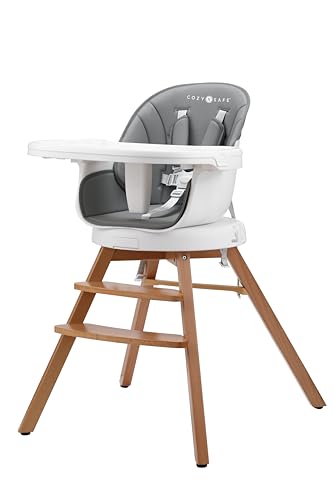Cozy N Safe 360&deg; Drehfunktion Babyhochstuhl - 6-36 Monate | 3-in-1 Multifunktional | Abnehmbares Doppeltablett | 5-Punkt-Sicherheitsgurt | Buchenholzbeine | PU-Oberfl&auml;che Grau