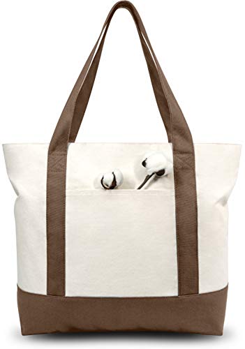 TOPDesign Stylish Canvas Tote Bag with an External Pocket, Top Zipper Closure, Daily Essentials (Brown/Natural)