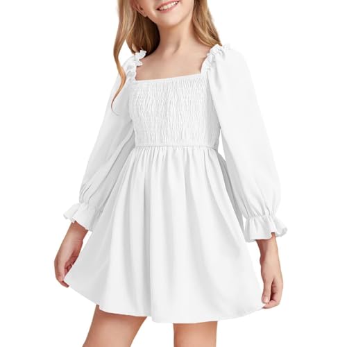 Kids Girls Long Sleeve Dress Square Neck Sleeve Ruffle Solid Short Skirt Dress Stylish Cute Skirts for Toddler Girls2