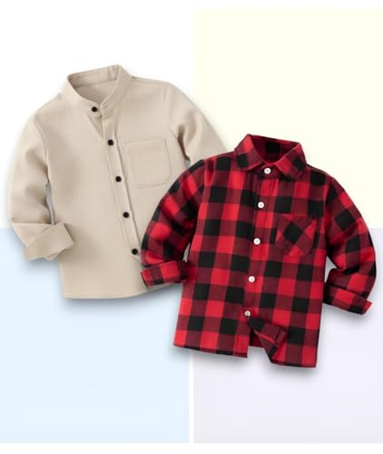 Image of Boys Mandarin Collar Shirt with Chest Pocket Beige and Rama Blue Color, Long Sleeve Button-Down Casual Shirt Pack of 2