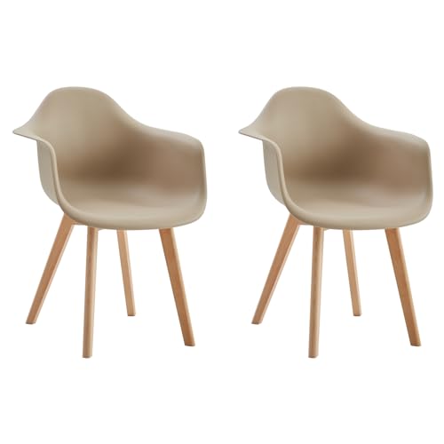 HJhomeheart Lot de 2 Chaises de Salle à Manger avec Accoudoirs, Fauteuil Design Moderne, Chaise de Cuisine Scandinave avec Pieds en Hêtre (Beige)