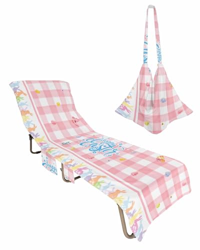 Easter Buffalo Plaid Check Beach Chair Towel Covers for Chaise Lounge with Side Pocket, Soft Plush Pool Towels Cover for Patio Sunbathing Outdoor 29''x85'' Pink Lattice Easter Eggs Rabbit