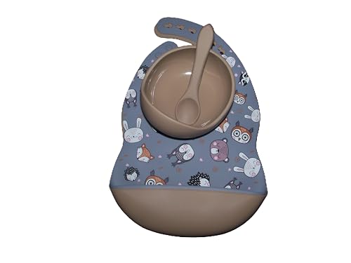Cute Silicone Animal Print Design Bibs with Bowl with Spoon, Gray & Taupe 4-piece