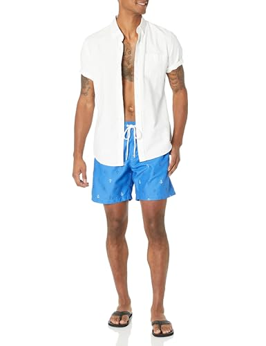 Amazon Essentials Herren Badehose mit Netzfutter, Taschen und Kordelzugverschluss, Blau Ankermuster, XL