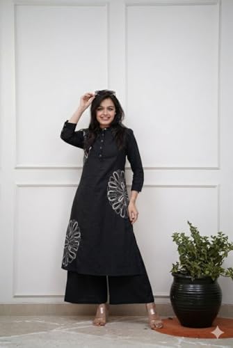 Image of GoSriKi Cotton Blend Embroidered A-Line Kurta with Palazzo for Women | Cotton Blend Orange | 3 /4 Sleeve | Mandarin Collar | Ethnic Wear Casual Wear