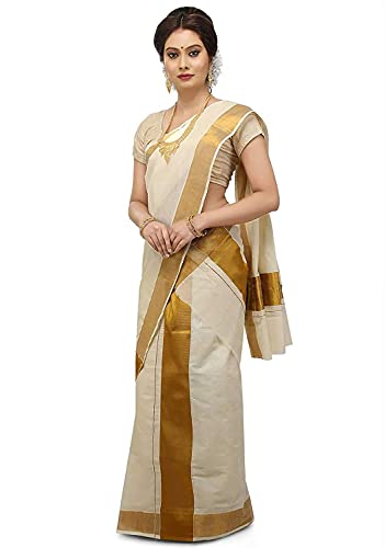 Aashita Creations Women's Kasavu Cotton Set Mundu Saree Without Blouse Piece (Off White) _1049