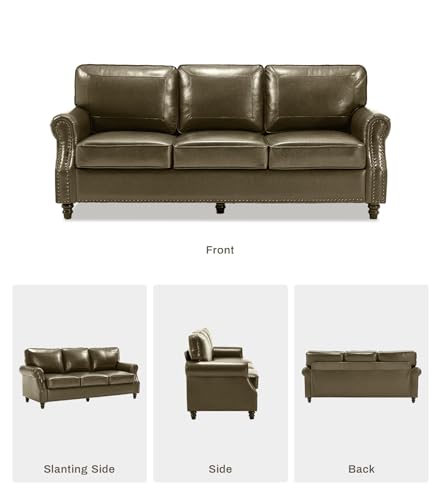 Image of Kingfun Mid-Century Modern Couch, Faux Leather Sofa, 3 Seater Couch for Living Room with Rolled arms & Nailhead Trim, Olive Green