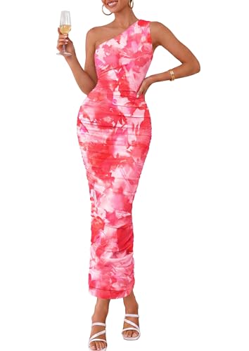 PRETTYGARDEN Women's One Shoulder Bodycon Dresses Summer 2025 Ruched Floral Beach Cocktail Wedding Guest Dress