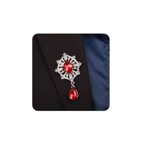 Image of Kercisbeauty Ruby Red Rhinestones Brooch Pin for Unisex Women Men Teardrop Silver Brooches Dress Suit Jewelry (Red)