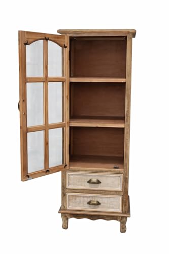 Image of Vintage Tall Wood Storage Cabinet with Glass Door and Drawers - Single Door Display Cabinet for Living Room, Office, or Entryway