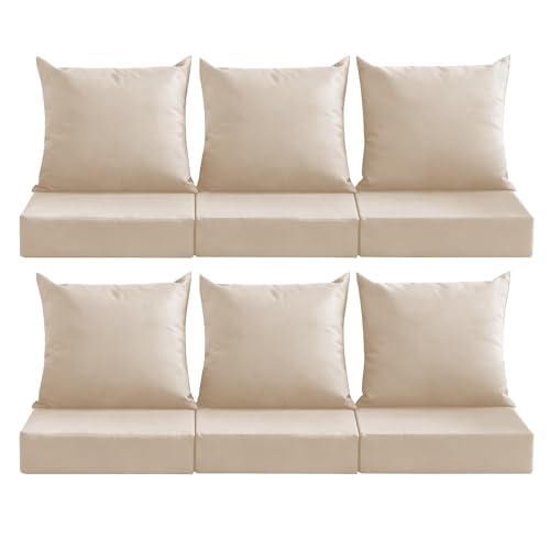 Image of Outdoor Deep Seat Cushion Set, 24x24 Inch Water-Resistant & Fade-Resistant Outdoor Chair Cushions, Patio Furniture Cushions with Removable Cover for Patio Chair, Sofa, Beige (Set of 6)