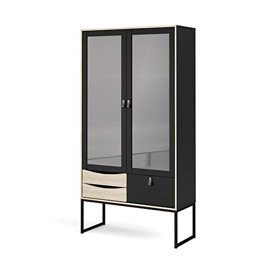 Tvilum 2 Glass Door China Cabinet With 3 Drawers, Black Matte/Oak Structure #TOP28