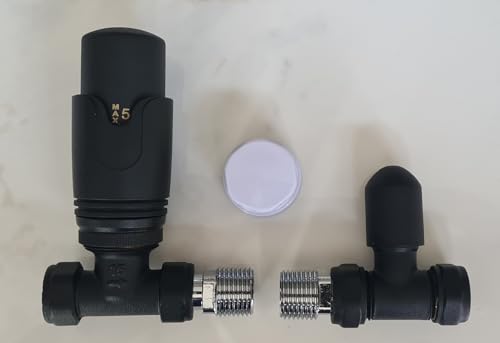 Team Controls Matt Black Straight Towel Rail Thermostatic Radiator Valves TRV & Lockshield Pack Set Pair TC-TRVSB