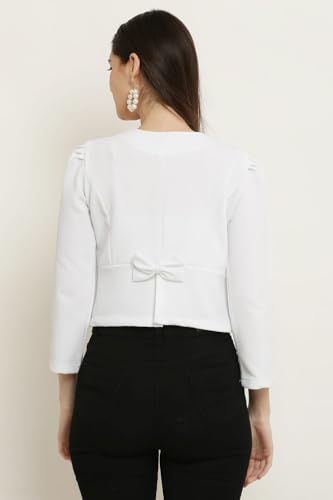 Image of Women's White Cropped Blazer with Bow Detail, Open Front, 3 /4 Sleeves, Textured Fabric
