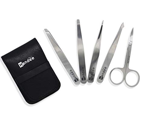 Tweezers Set - Handée Professional Stainless Steel Tweezers with Curved Scissors, Great Precision for Facial Hair,nose Hair, Ingrown Hair, Splinter, Blackhead and Tick Remover (silver)
