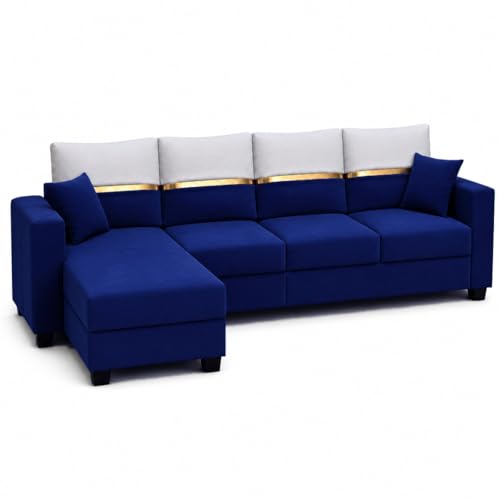 Image of Furny Arvea 8 Seater Fabric LHS L Shape Sofa Set with 1 Centre Table & 2 Puffy (Blue) | Soft Velvet Fabric | Modern Design | Comfortable Seating | Living Room Furniture