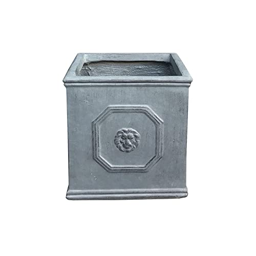 12.6" W Square Antique Gray Lightweight Concrete/Fiberglass Indoor Outdoor English Lion Head Planter #TOP22