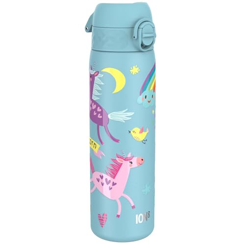ion8 Botella Agua Inox Ligero, 600ml, Sin Aislamiento, a Prueba de Fugas, Fácil de Abrir, Aptas para Lavavajillas, Cerradura Segura, Fácil de Limpiar, en Relieve, Unicornios, Azul De Alaska